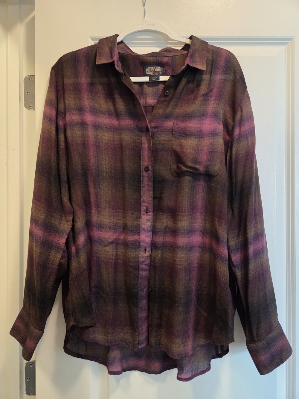 Pendleton Women’s Plaid Wool Blend Button Down Shirt Size Large Purple Brown
